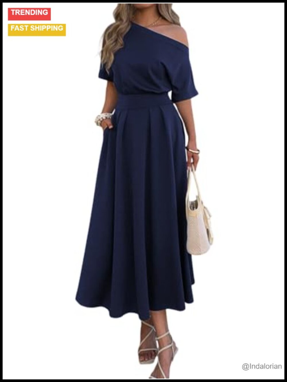 Elegant One Shoulder Empire Waist Maxi Dress with Pockets